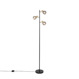 Art deco floor lamp black and gold with smoke glass 3-light – Vidro