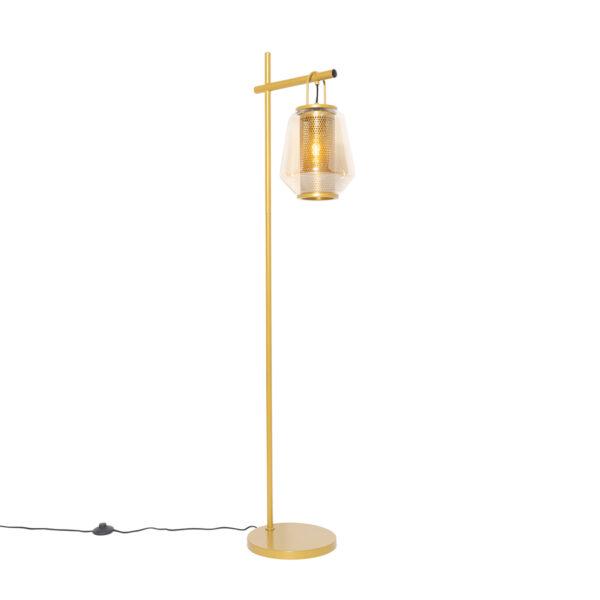 Art deco floor lamp gold with amber glass - Kevin
