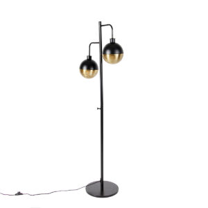 Industrial floor lamp black with brass 2-light – Haicha