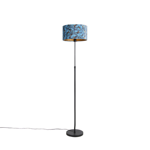 Floor Lamp Black with 35cm Butterfly Print Velvet Shade - Parte