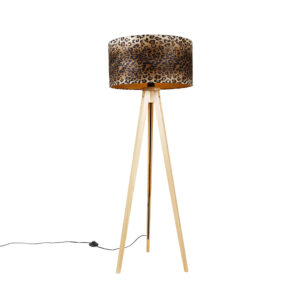 Modern floor lamp wood fabric leopard shade 50 cm – Tripod Classic