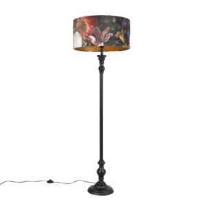 Floor Lamp Black with 50cm Velvet Floral Shade – Classico