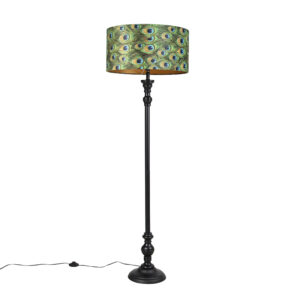 Floor Lamp Black with 50cm Velvet Peacock Shade – Classico