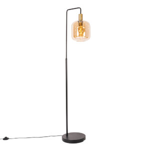 Design floor lamp black with brass and amber glass – Zuzanna