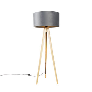 Floor lamp wood with fabric shade gray 50 cm – Tripod Classi
