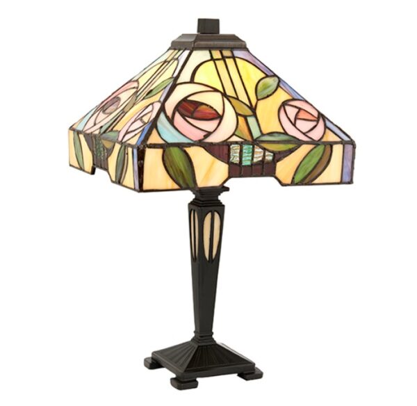Interiors 1900 64386 Willow Tiffany 1 Light Small Table Lamp - Height: 410mm, Mackintosh Rose Style